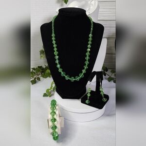Green Cut Crystal Faceted Rondelle Bead Necklace Bracelet Earrings Set